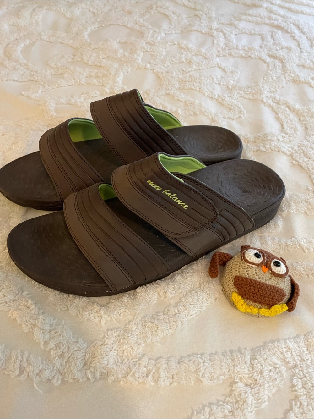 Women’s 9 New Balance Brown and Lime Green Slide Sandals